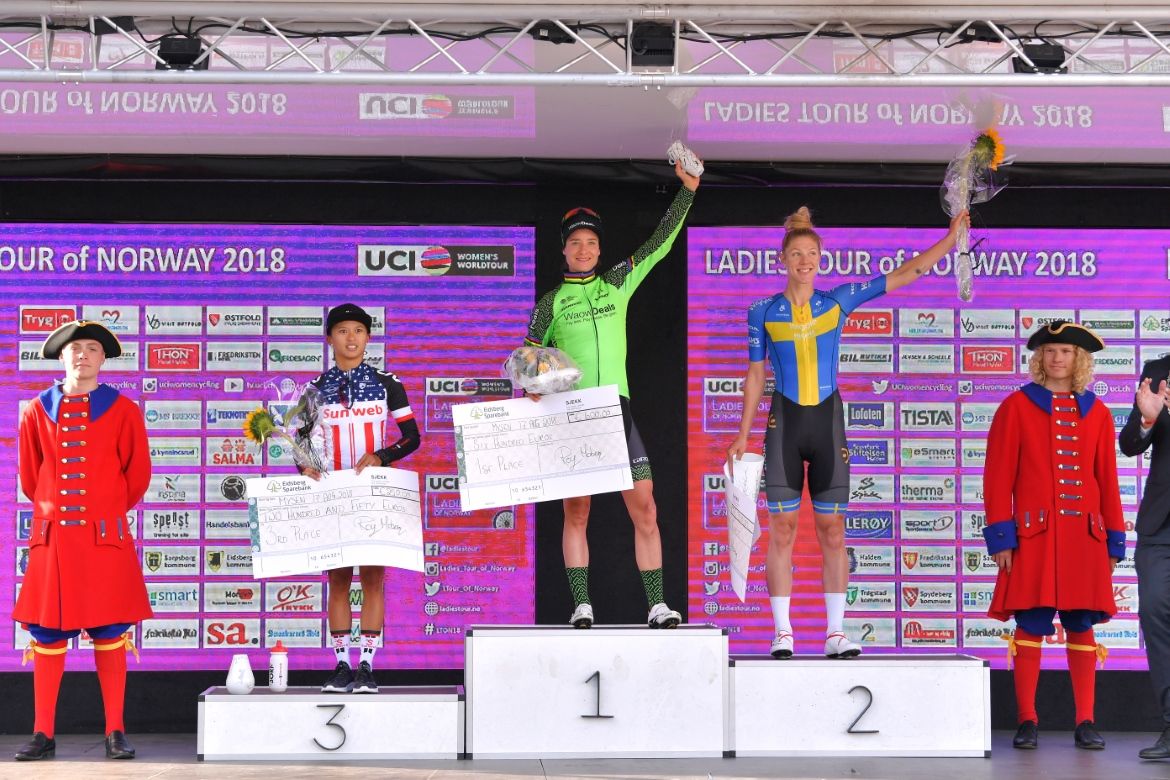 The podium on stage 1: Coryn Rivera, Marianne Vos and Emilia Fahlin