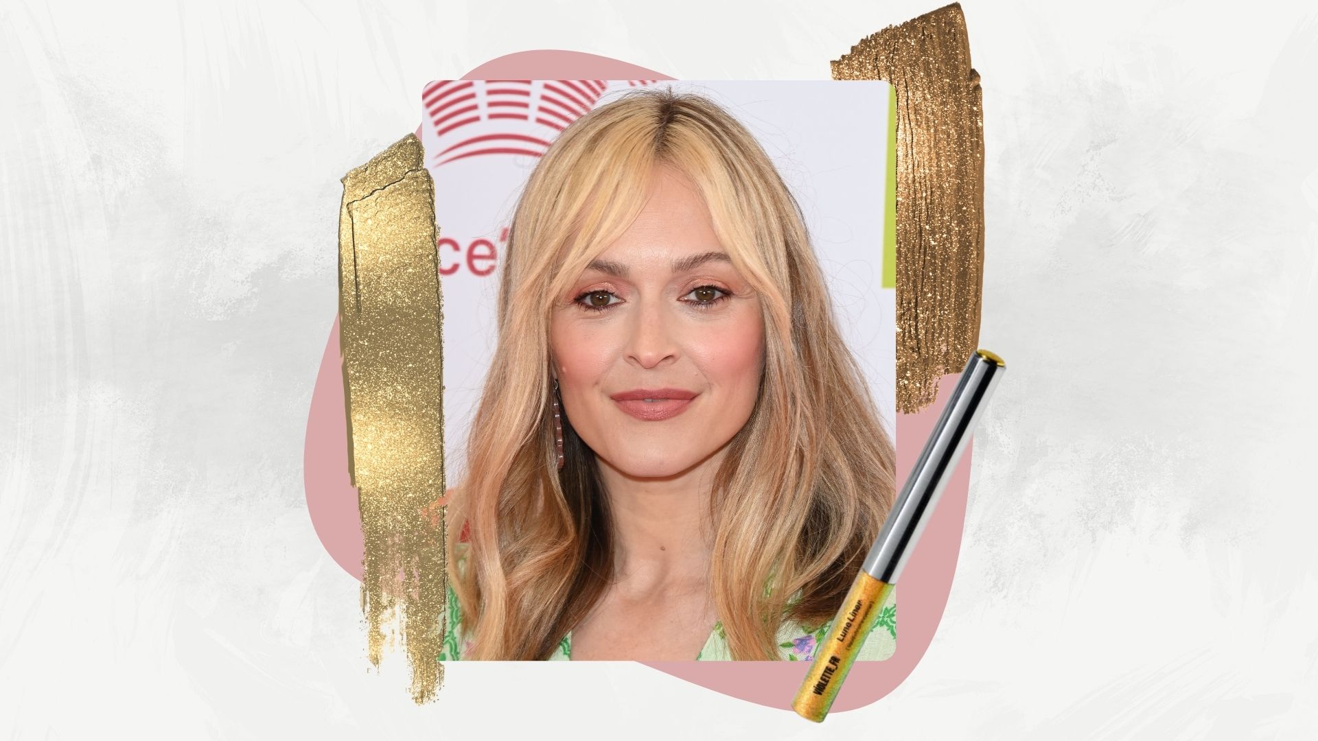 Fearne Cotton is pictured at The Prince's Trust and TKMaxx &amp; Homesense Awards 2023 at Theatre Royal Drury Lane on May 16, 2023 in London, England, alongside a product shot of the VIOLETTE_FR Lune liner, and two glitter makeup swatches/ in a grey and white gradient template