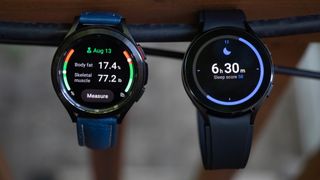 Two Galaxy Watch 4 watches showing body fat, skeletal muscle, and sleep scores