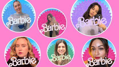 The My Imperfect Life team in the Barbie movie poster generator/ in a pink template