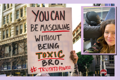 Protest banner stating &#039;you can be masculine without being toxic bro&#039; next to cut out of writer Debra Waters