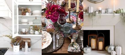 Modern Thanksgiving decor ideas. White minimalist kitchen, maximalist tablescape, decorated mantel.
