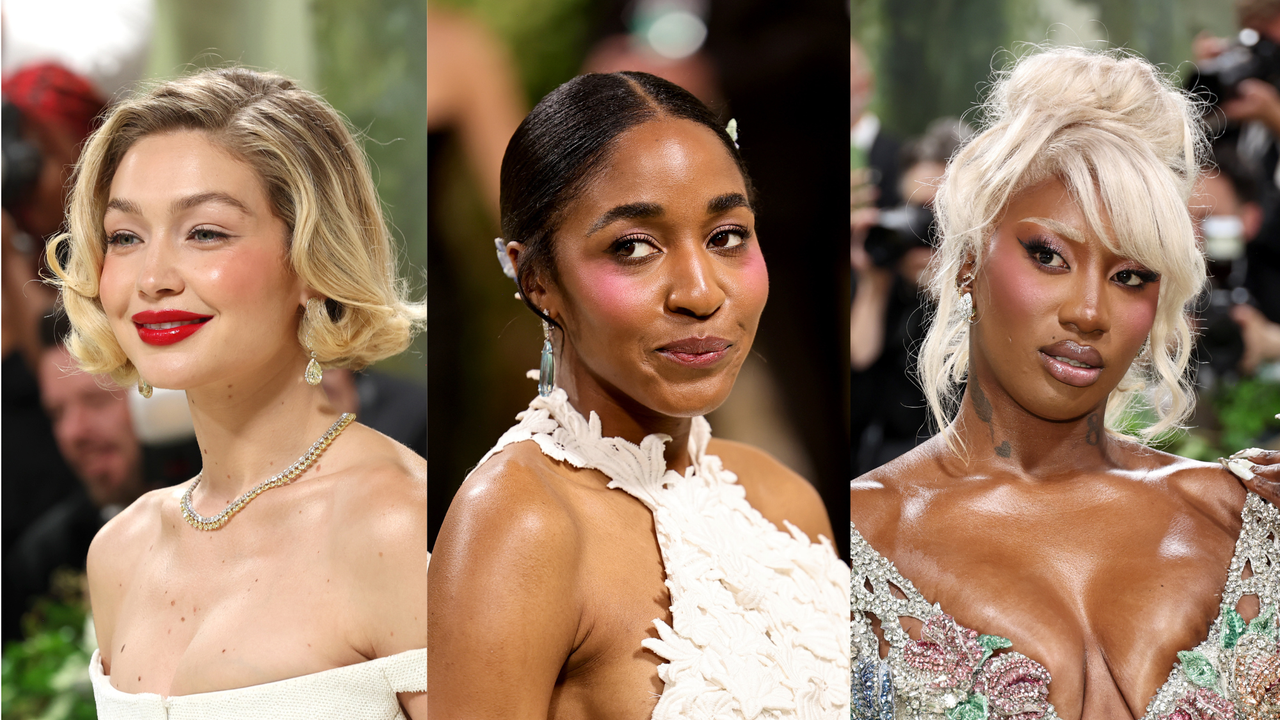 A compilation of celebrities wearing rose pink blush at the 2024 Met Gala.