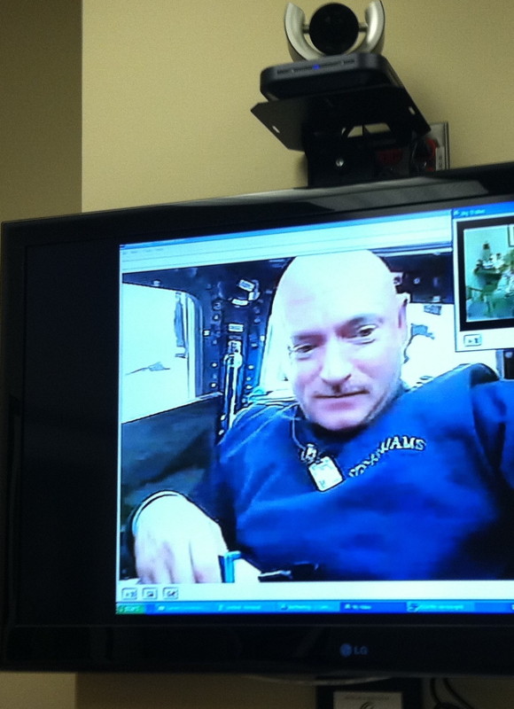 Rep. Gabrielle Giffords posted this picture of her husband, astronaut Mark Kelly, video-chatting from space on her Twitter account. Kelly is commanding the space shuttle Endeavour&#039;s STS-134 mission to the International Space Station. 