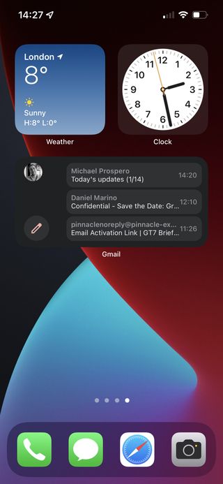 Gmail email updates widget on an iPhone 13 Pro