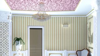 A wallpapered ceiling