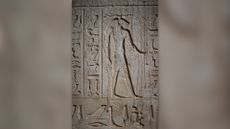 Photo of an ancient Egyptian sarcophagus with the engraving of the Egyptian god Banebjedet.