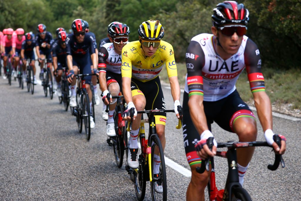 NMES FRANCE JULY 08 Tadej Pogaar of Slovenia and UAETeam Emirates Yellow Leader Jersey and Teammates during the 108th Tour de France 2021 Stage 12 a 1594km stage from SaintPaulTroisChateaux to Nimes LeTour TDF2021 on July 08 2021 in Nmes France Photo by Chris GraythenGetty Images