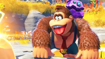 Donkey Kong Bananza key art with DK in blue overalls