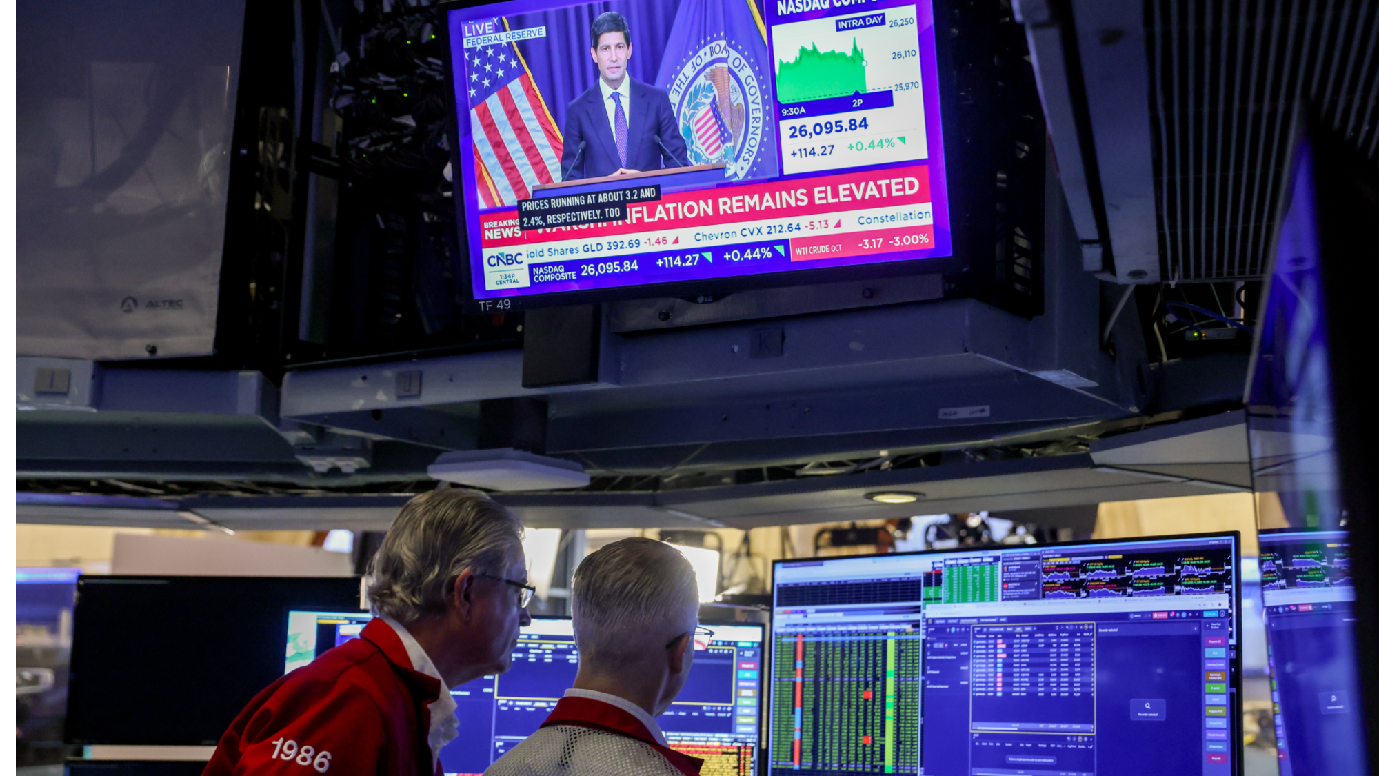 Traders On The Floor Of The New York Stock Exchange As Fed Chair Warsh Holds New ConferenceA television station broadcasts Kevin Warsh, chairman of the US Federal Reserve, speaking after a Federal Open Market Committee (FOMC) meeting as traders work on the floor of the New York Stock Exchange (NYSE) in New York, US, on Wednesday, Sept. 16, 2026. The Federal Reserve raised interest rates by a quarter percentage point and penciled in an additional hike later this year, steps aimed at containing inflation that will test Chairman Kevin Warsh's relationship with President Donald Trump. Photographer: Michael Nagle/Bloomberg via Getty Images