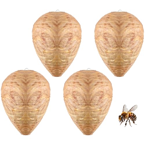 4 Pack Wasp Nest Decoy 22 X 28cm, Small Fake Fabric Wasp Nest Decoy Deterrent Outdoor Hanging Wasps Hornet Repellent Artificial for Home Garden Outside Balcony Patio Roof Eaves Dense Crowns(brown)