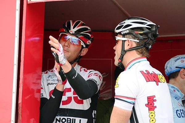Schleck and Kirchen share a joke.
