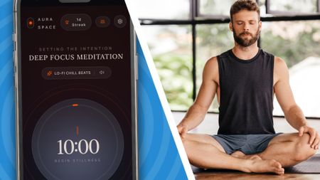 Meditation app and man meditating in a split screen view.