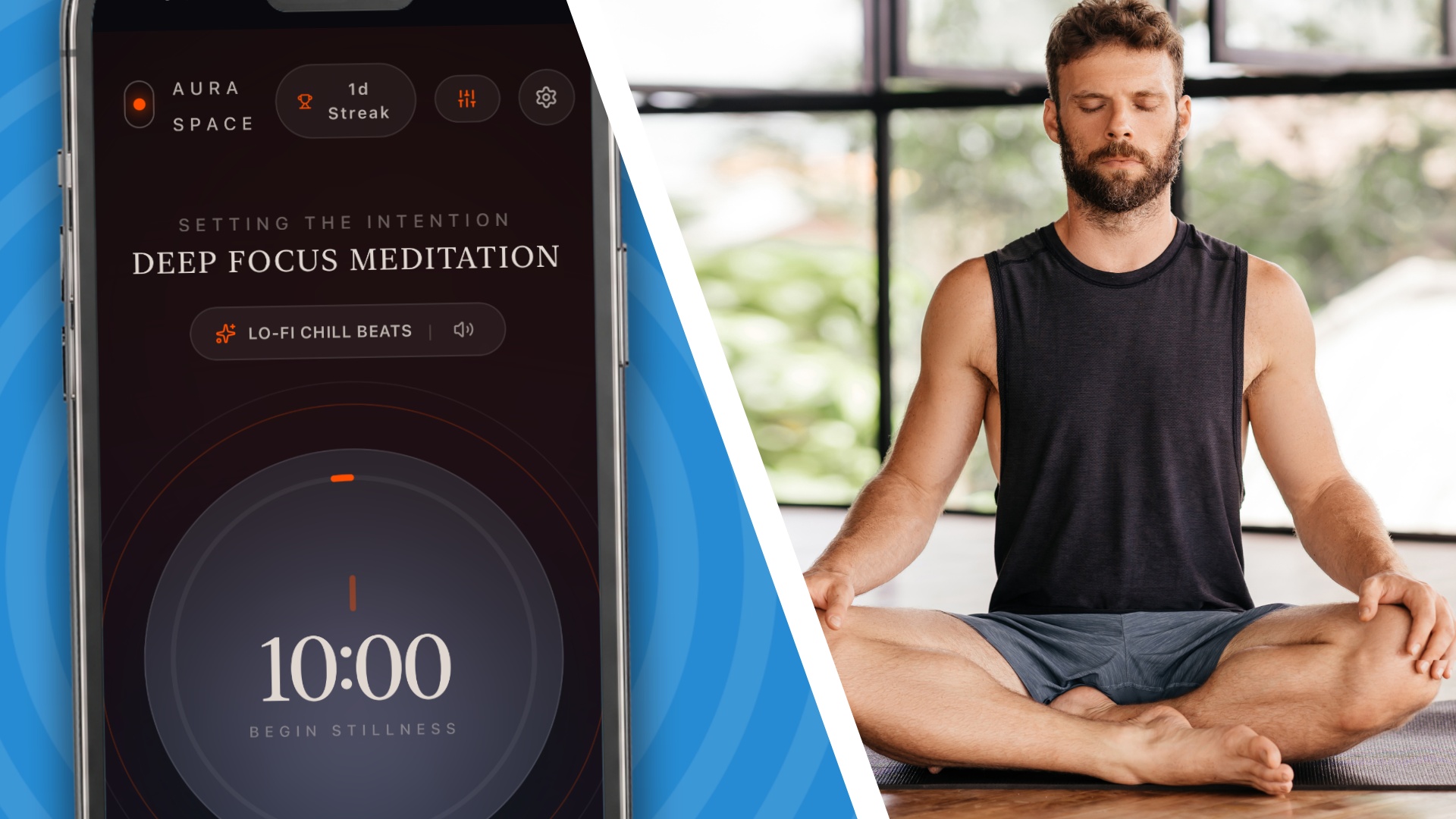 Meditation app and man meditating in a split screen view.
