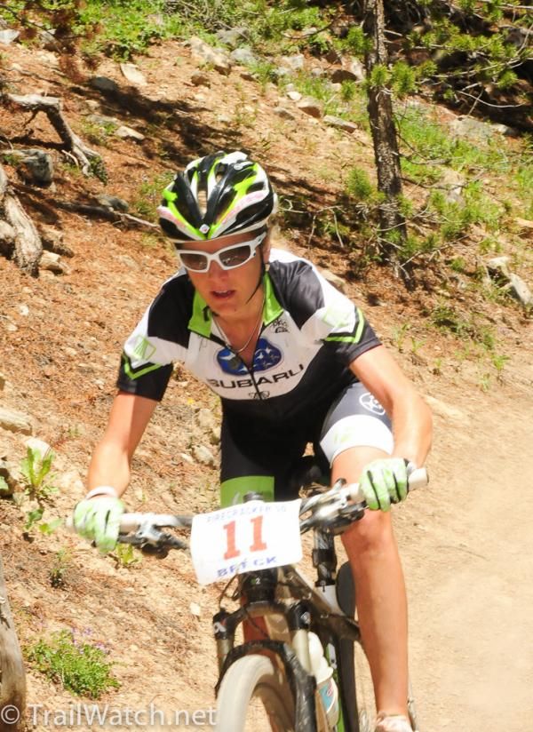 Heather Irmiger (Subaru-Trek) descending Sally Barber Road for the last time with a massive lead.