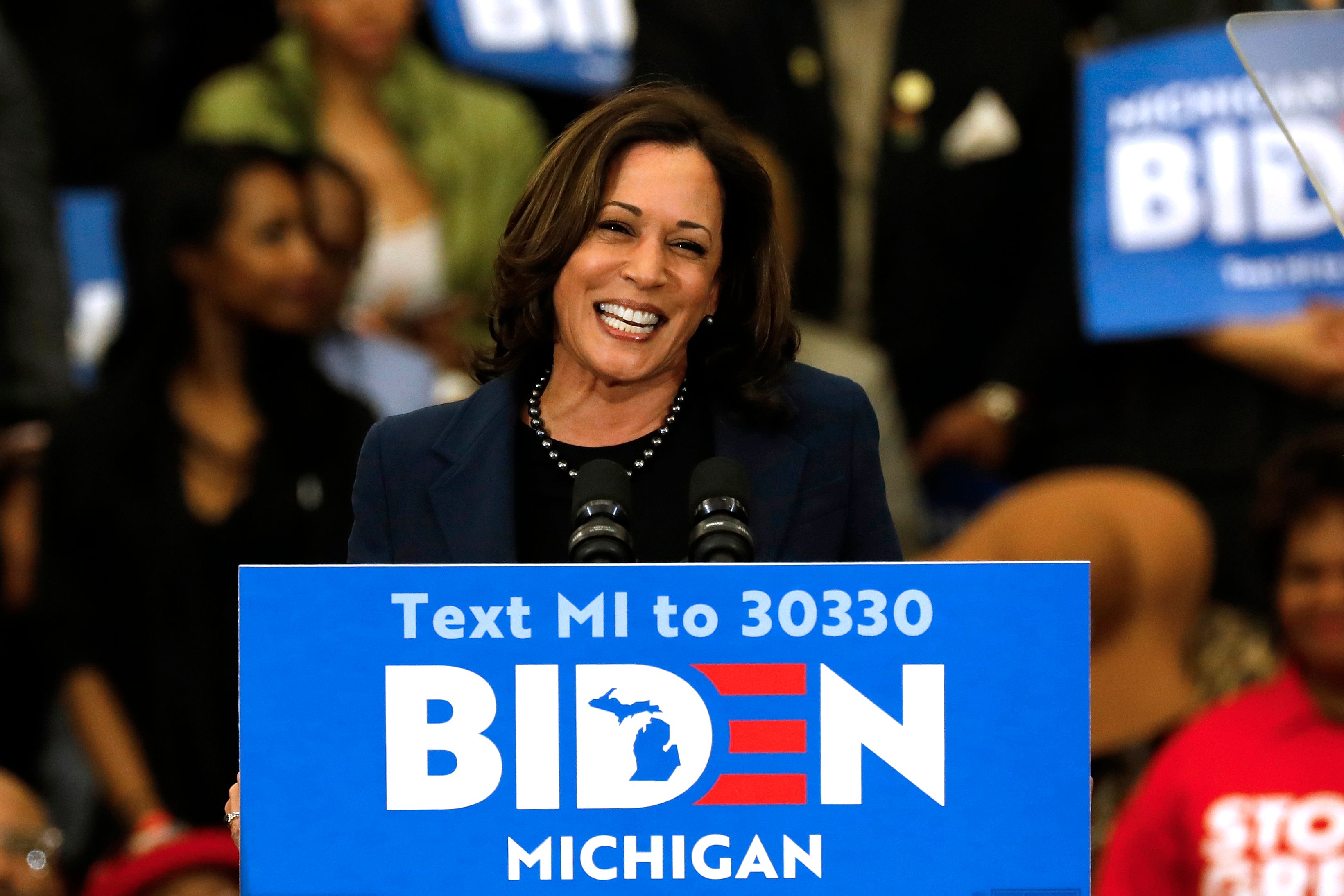 California Senator Kamala Harris endorses Democratic presidential candidate former Vice President Joe Biden as she speaks to supporters during a campaign rally at Renaissance High School in Detroit, Michigan on March 9, 2020.