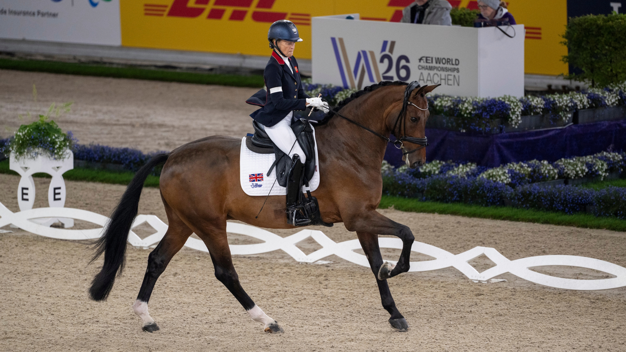 Nicola Naylor cantering on her horse Humberto L during her team test at the 2026 World Para Dressage Championships in Aachen