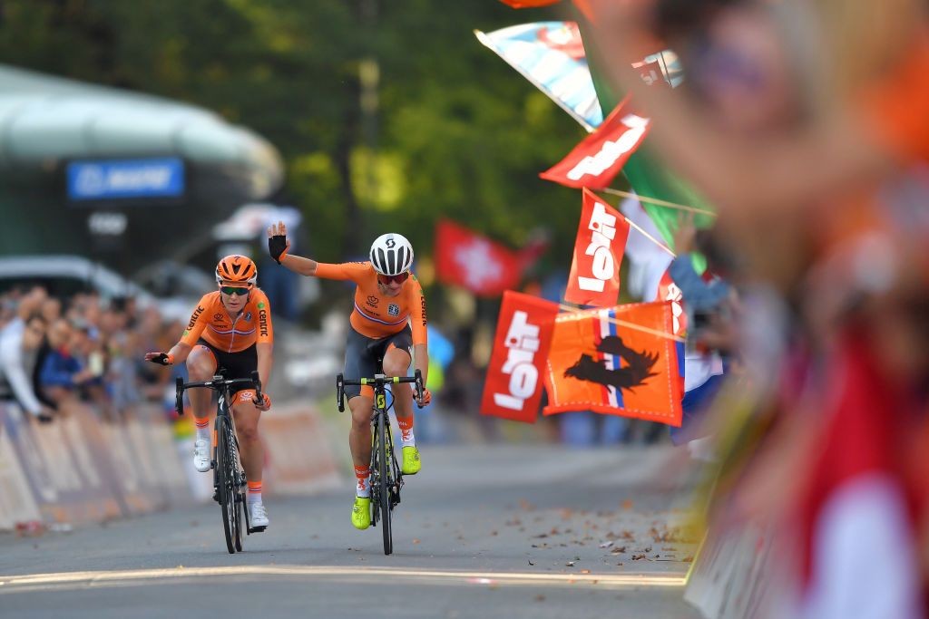 Amy Pieters and Annemiek van Vleuten celebrate