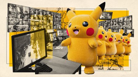 Photo collage of Pikachu mascots swarming in a security room full of CCTV monitors