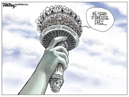 Political Cartoon U.S. immigrants statue of liberty&nbsp;