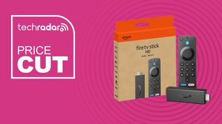 The Amazon Fire TV Stick HD on a pink background with text saying price cut.