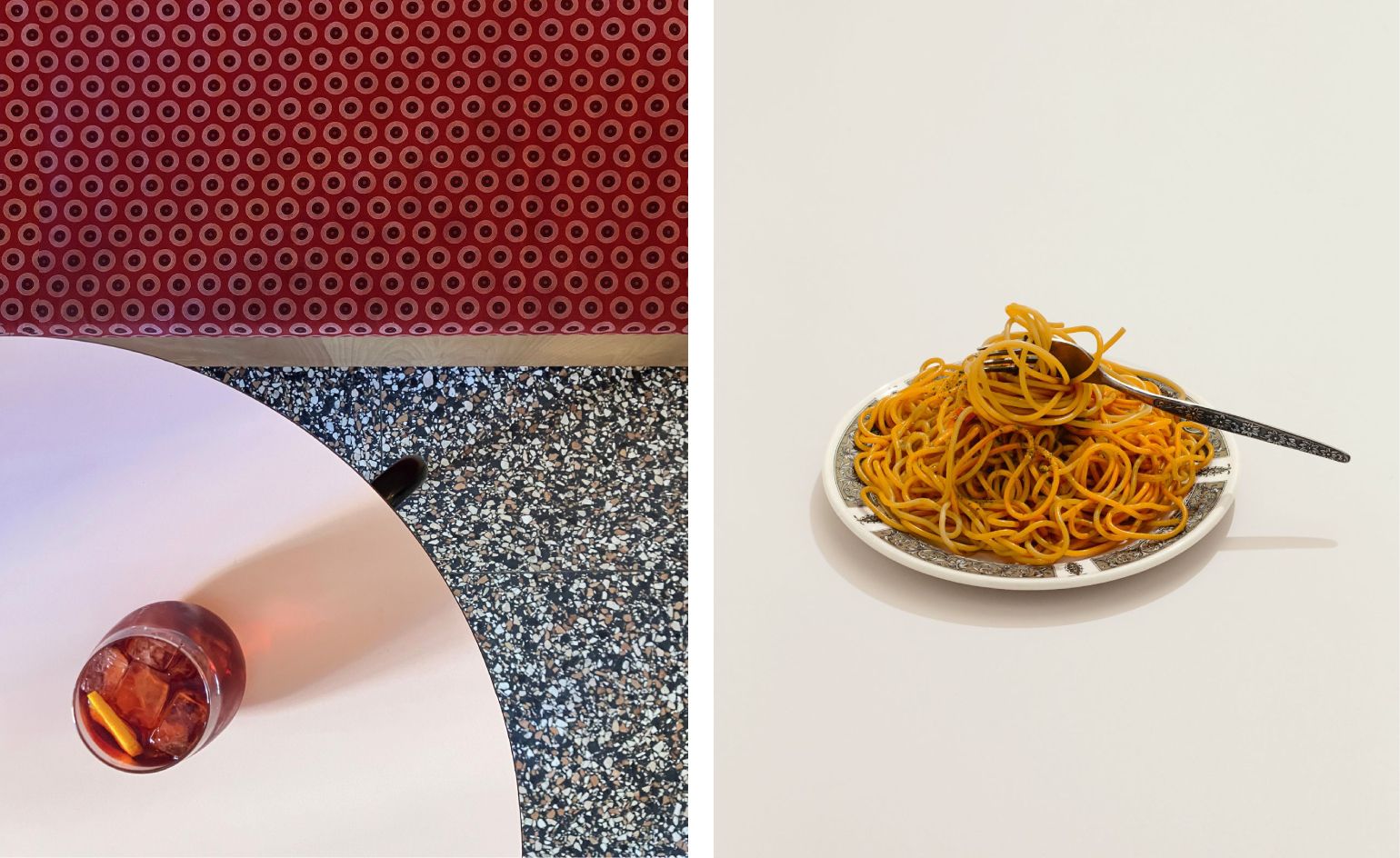 cocktail and plate of spaghetti