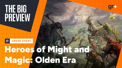 The Big Preview art of Heroes of Might and Magic: Olden Era showing warring armies with a town and a dragon in the background - showing the Cover Story tag