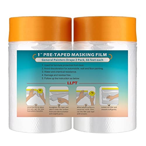 Llpt Tape and Drape Pre-Taped Masking Film | 2-Pack | 65cm(unfolded) X 20m | Versatile Painter's Plastic Dust Sheets | for Auto Wall Furniture Painting and Spraying Protection (mft652)