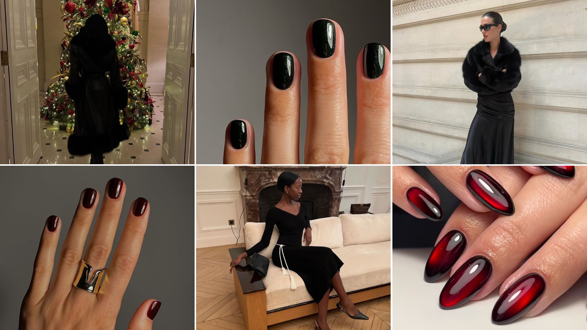 A collage of &quot;goth Christmas&quot;-inspired nails and chic people in all-black outfits.