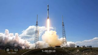 A SpaceX Falcon 9 rocket carrying 60 Starlink internet satellites lifts off from Space Launch Complex 40 of the Cape Canaveral Space Force Station in Florida on April 7, 2021. 