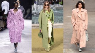 Composite image of models wearing brightly coloured coats from Bottega Veneta, Kenzo and Stella McCartney SS25