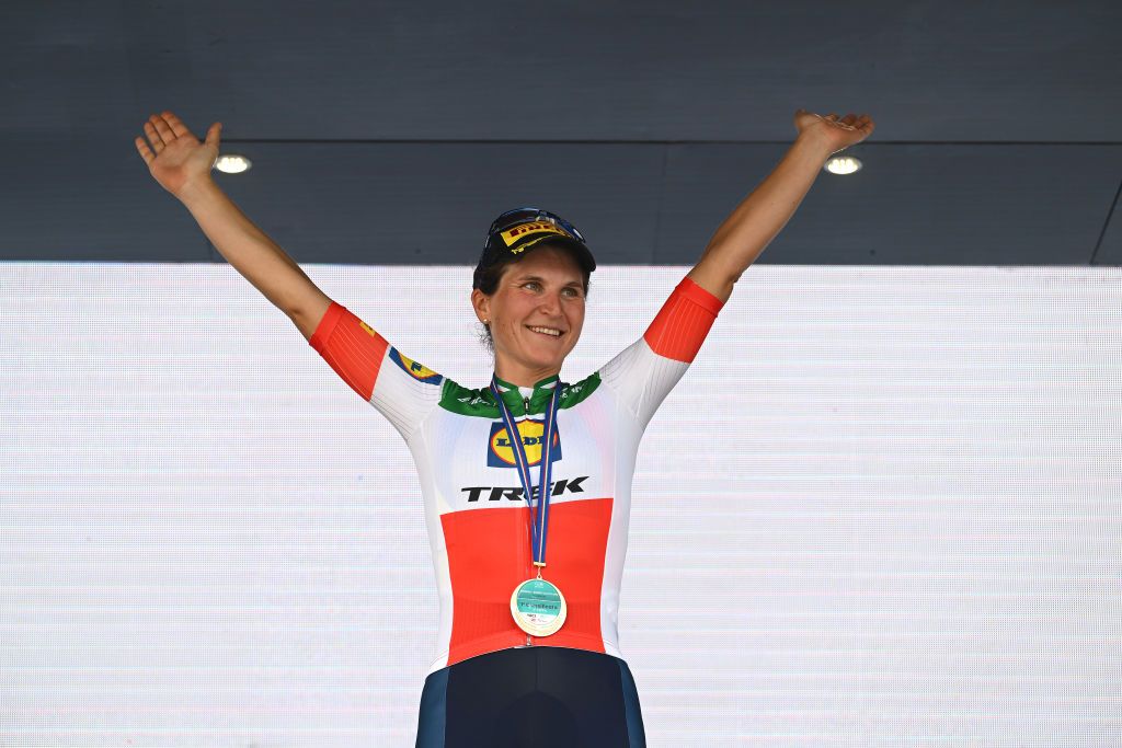 BORGO VAL DI TORO ITALY JULY 03 Elisa Longo Borghini of Italy and Team Lidl Trek celebrates at podium as stage winner during the 34th Giro dItalia Donne 2023 Stage 4 a 134km stage from Fidenza to Borgo Val di Toro UCIWWT on July 03 2023 in Borgo Val di Toro Italy Photo by Dario BelingheriGetty Images