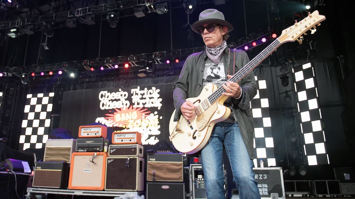 Bassist Tom Petersson of Cheap Trick performs at Nikon at Jones Beach Theater on July 28, 2016 in Wantagh, New York. 