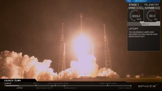 A SpaceX Falcon 9 rocket carrying the secret Zuma spacecraft for the U.S. government launches Space Launch Complex 40 at Cape Canaveral Air Force Station in Florida on Jan. 7, 2018 in this still from a SpaceX video.