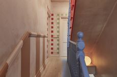 a hallway with a painted stripe and blocks painted around the door on raw plaster
