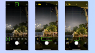 Three screenshots of the iPhone's Camera app showing how to adjust the Night mode capture time. 