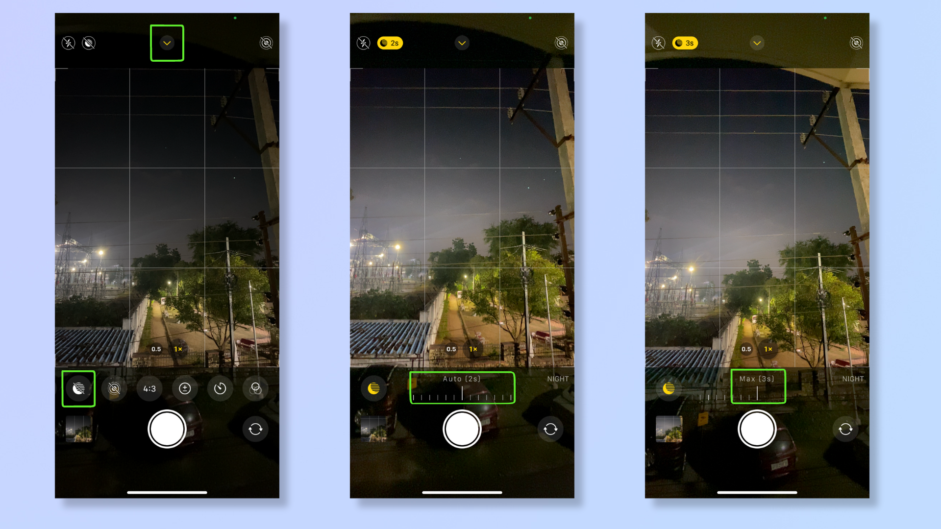 Три снимка экрана приложения «Камера» на iPhone, показывающие, как настроить время съемки в ночном режиме. 