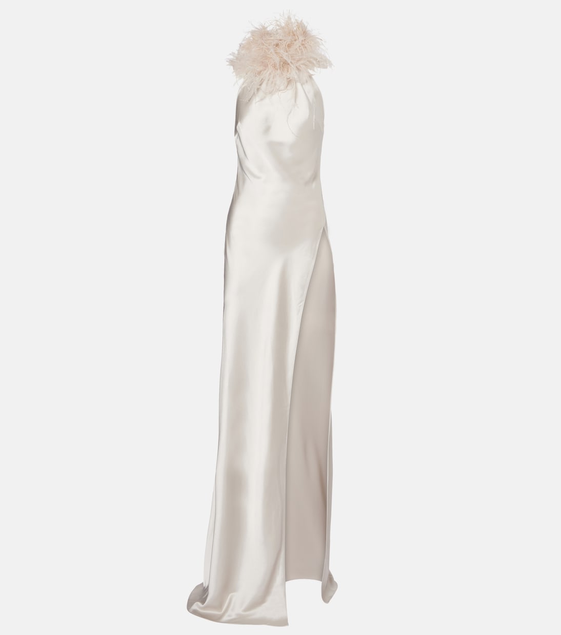 Jazzy Feather-Trimmed Satin Gown
