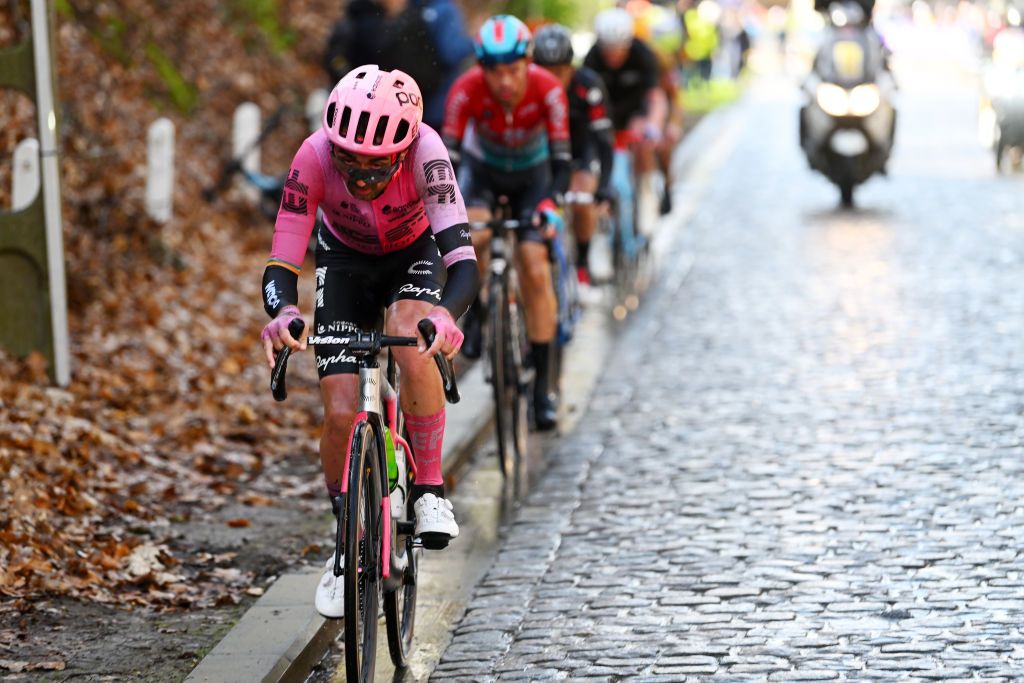 OVERIJSE BELGIUM APRIL 12 Ben Healy of Ireland and Team EF EducationEasyPost competes in the breakaway during the 63rd De Brabantse Pijl La Fleche Brabanconne 2023 Mens Elite a 2051km one day race from Leuven to Overijse on April 12 2023 in Overijse Belgium Photo by Luc ClaessenGetty Images