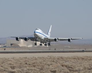 The Stratospheric Observatory for Infrared Astronomy (SOFIA) observatory, a flying telescope built into a Boeing 747 jumbo jet, takes off. SOFIA is a joint project by NASA and the German Aerospace Center (DLR).