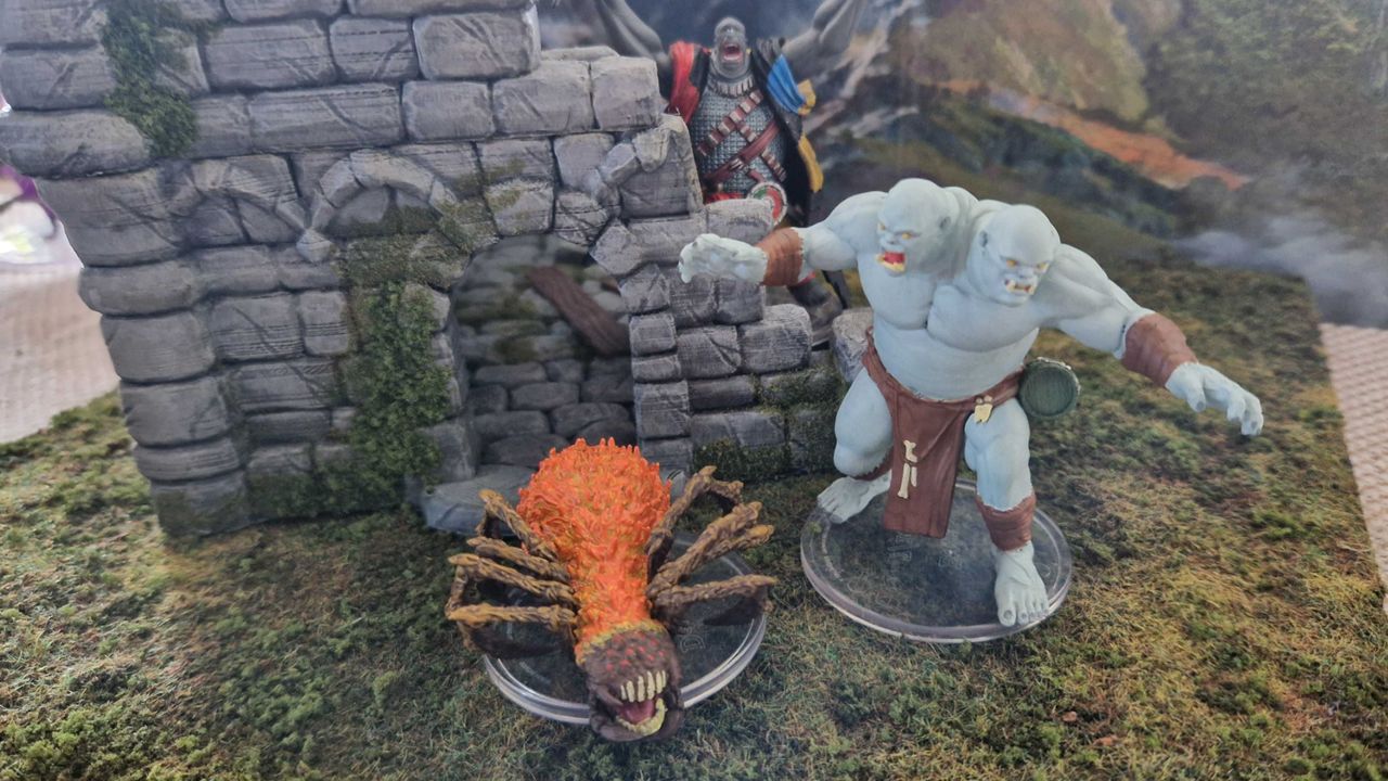 Monsters of Tal'Dorei (Set 2) Ettin, Demonfeed Spider, and Cyclops Stormcaller in front of a ruin