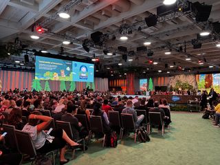 Crowds in the keynote theatre at the San Francisco Moscone Center during Dreamforce 2023