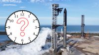 a huge rocket on the launch pad on the right and a graphic showing a clock with a question mark on the left