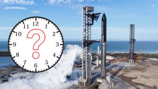 a huge rocket on the launch pad on the right and a graphic showing a clock with a question mark on the left
