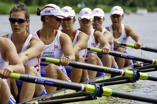 The British women's 8 team concentrate before the start of their race at the world championships under 23 - on July 22, 2011 in Bosbaan, Amsterdam, The Netherlands