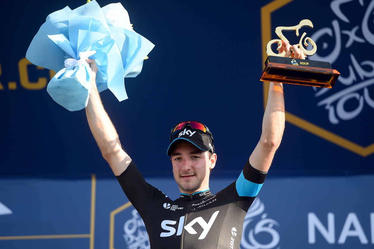 Elia Viviani on the podium