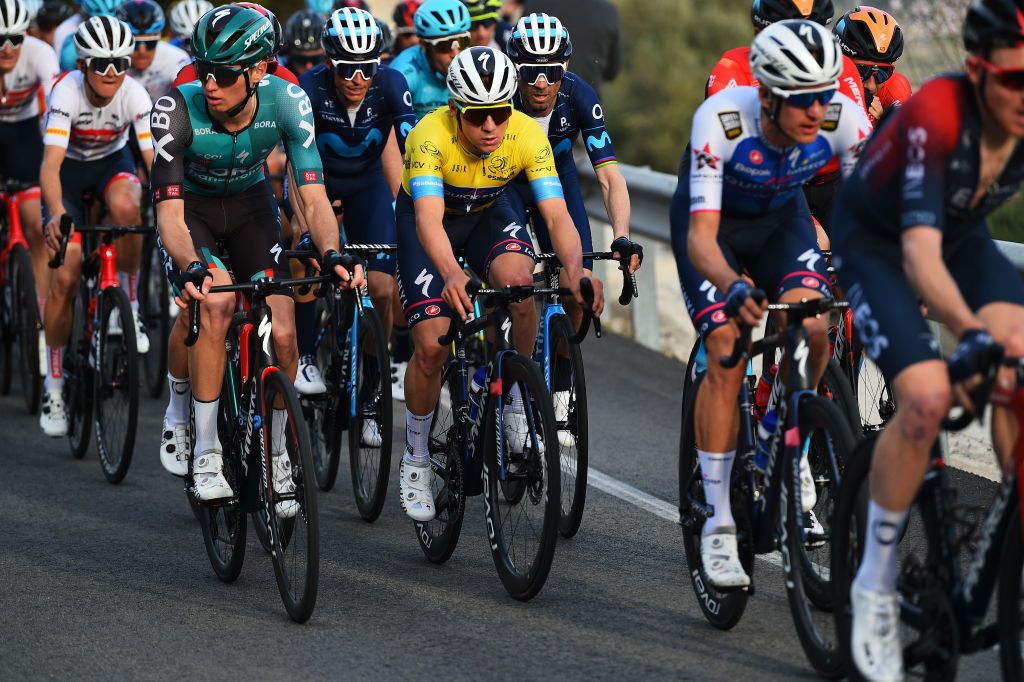 ALTO DE LAS ANTENAS DEL MAIGMO TIBI ALICANTE SPAIN FEBRUARY 04 LR Aleksander Vlasov of Russia and Teamm Bora Hansgrohe and Remco Evenepoel of Belgium and Team QuickStep Alpha Vinyl Yellow Leader Jersey compete during the 73rd Volta A La Comunitat Valenciana 2022 Stage 3 a 1551km stage from Alicante to Alto De Las Antenas Del Maigmo Tibi 1080m VCV2022 on February 04 2022 in Alicante Spain Photo by Dario BelingheriGetty Images