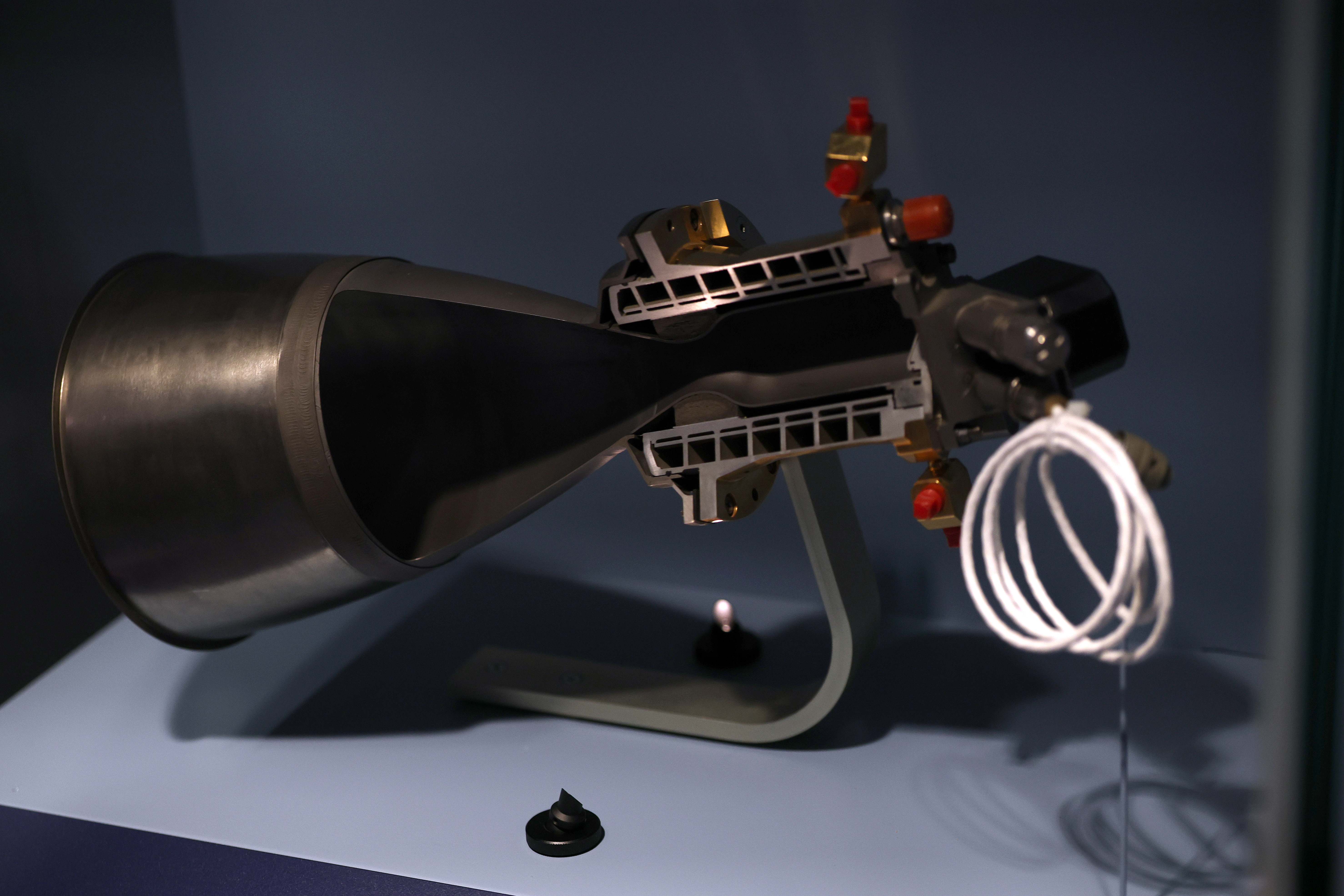 A C-1 Radiamic Rocket Engine is seen on display in the How Things Fly Smithsonian National Air and Space Museum.