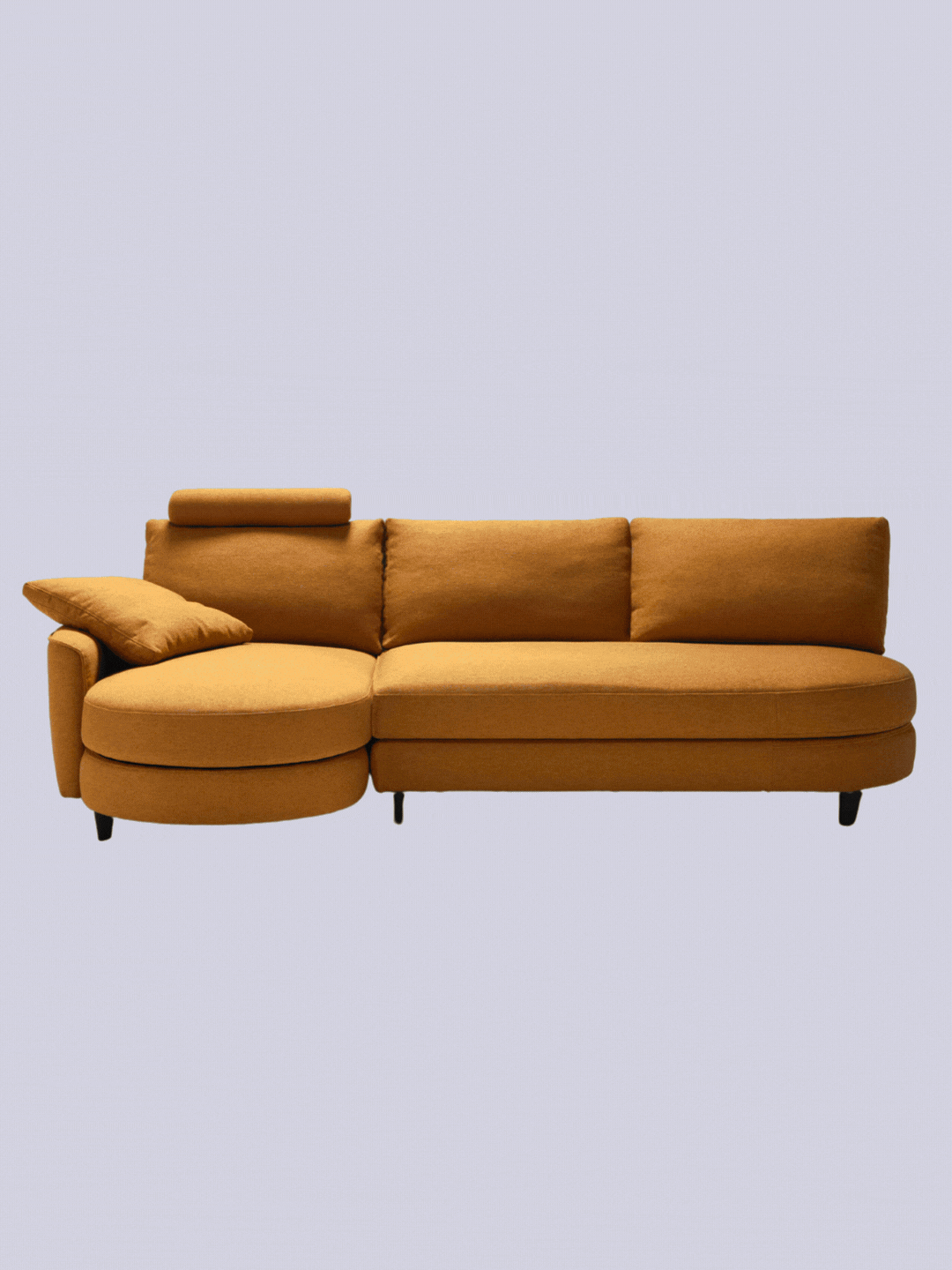 A GIF of a mustard modular curved hidden storage sofa from King Living