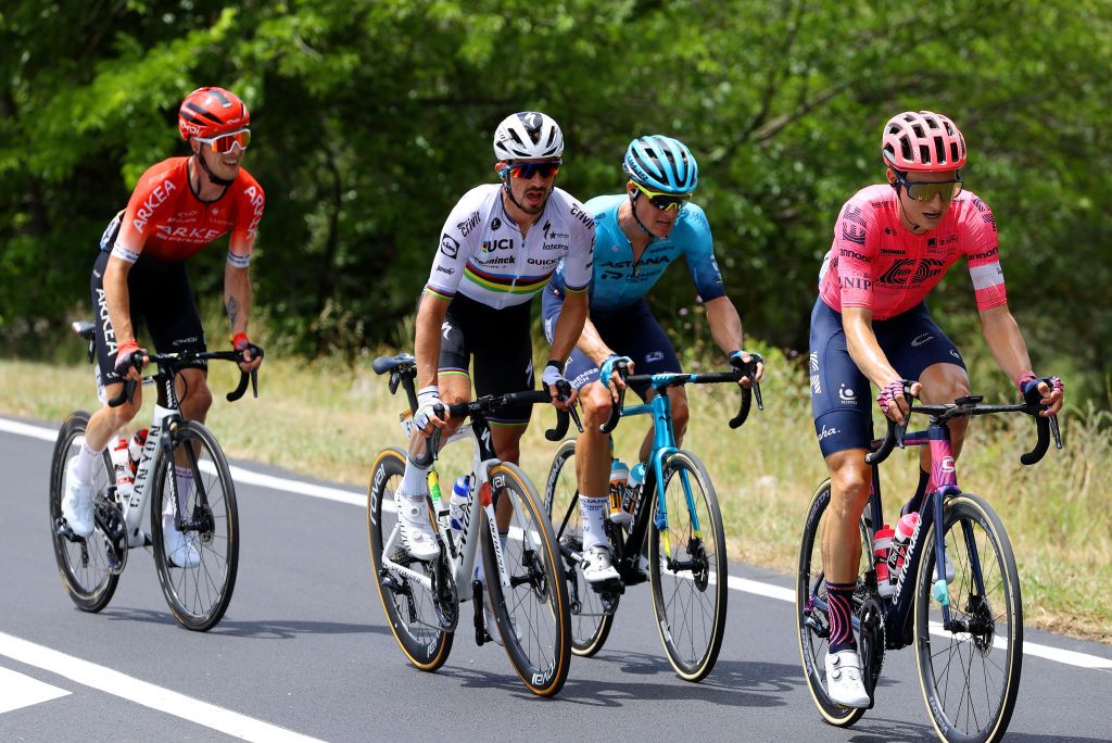 MALAUCENE FRANCE JULY 07 lie Gesbert of France and Team Arka Samsic Julian Alaphilippe of France and Team Deceuninck QuickStep Jakob Fuglsang of Denmark and Team Astana Premier Tech Neilson Powless of The United States and Team EF Education Nippo in breakaway during the 108th Tour de France 2021 Stage 11 a 1989km km stage from Sorgues to Malaucne LeTour TDF2021 on July 07 2021 in Malaucene France Photo by Tim de WaeleGetty Images